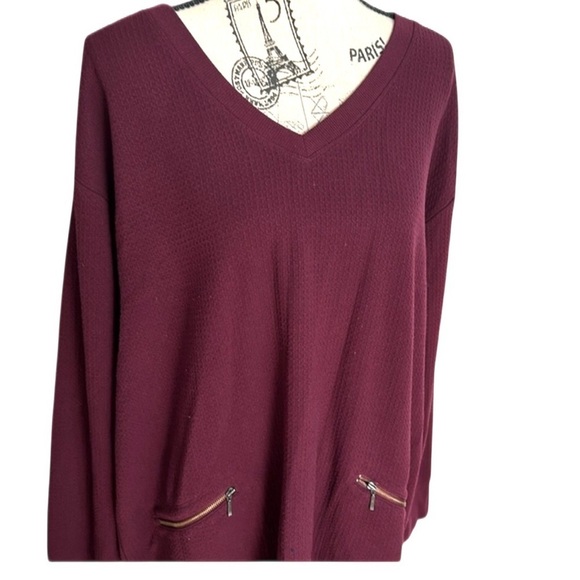 J Jill Shift Dress Burgundy Waffle Knit Zip Pockets V-Neck Long Sleeve, XL - Picture 3 of 9